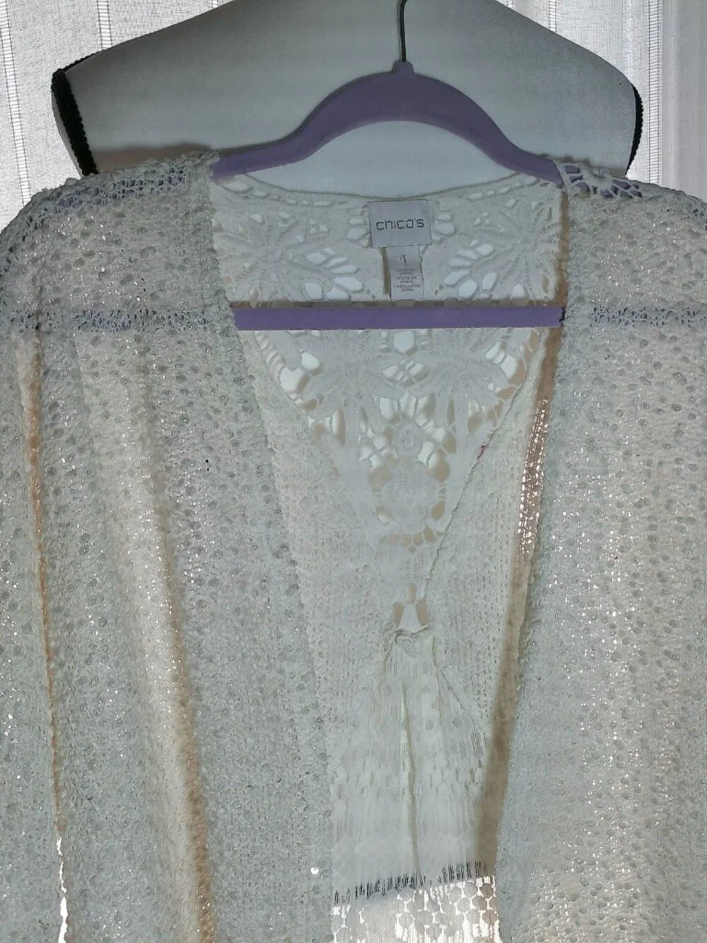 CHICO'S Shrt Sleeve Open Front Cream Sweater Sm.Popcorn Texture w/Lace/Sequins M - Picture 2 of 10